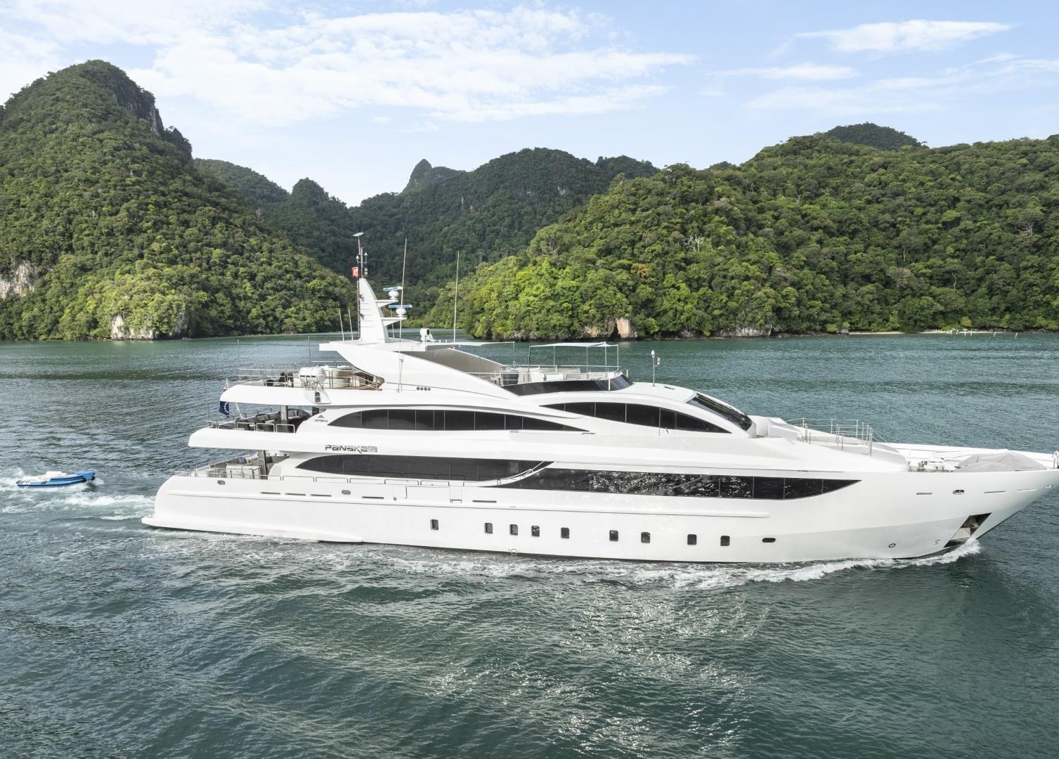 Superyacht at anchor, bow view