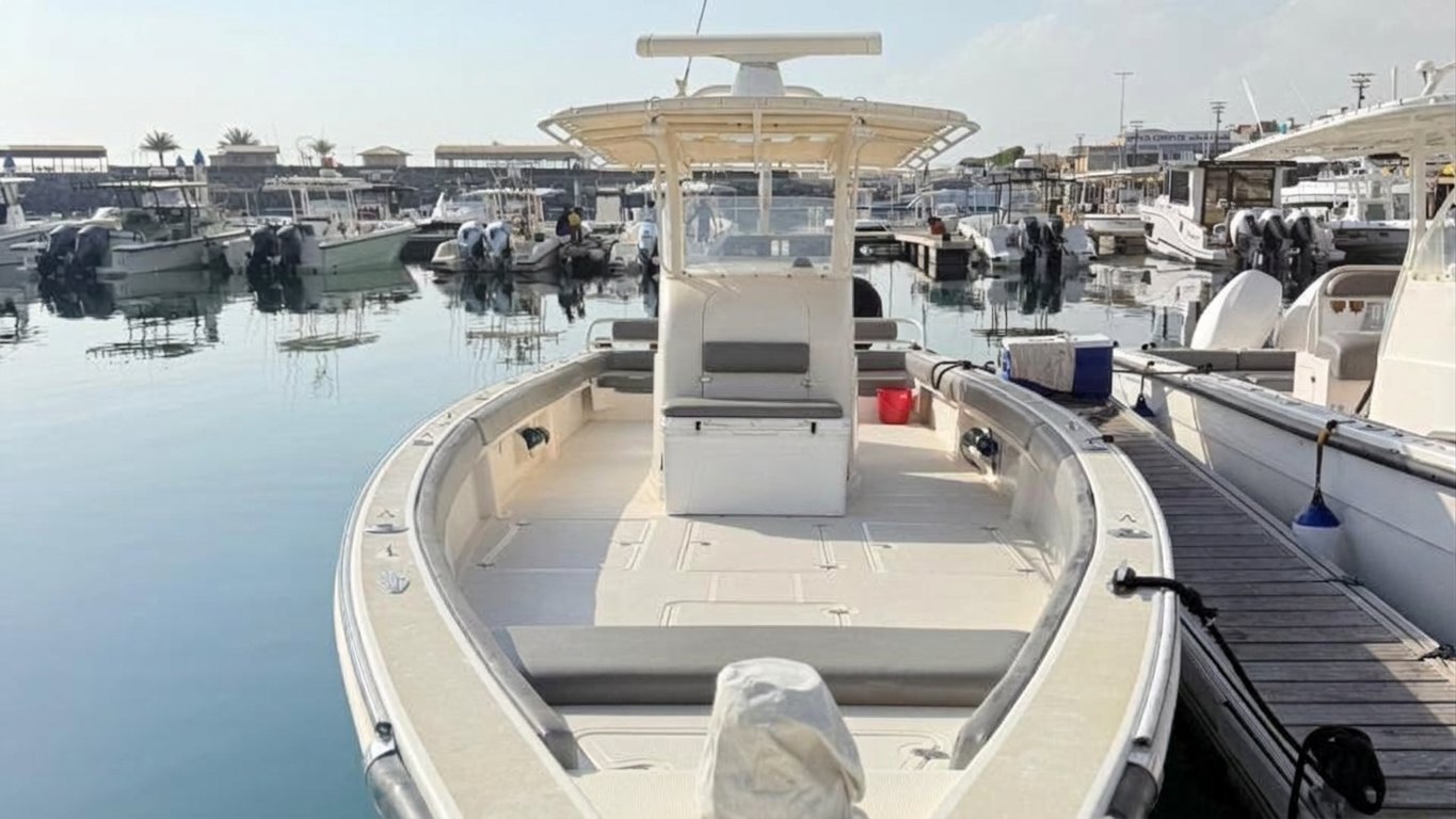 The foredeck of a 39 ft VIP fishing boat at Fujairah marina