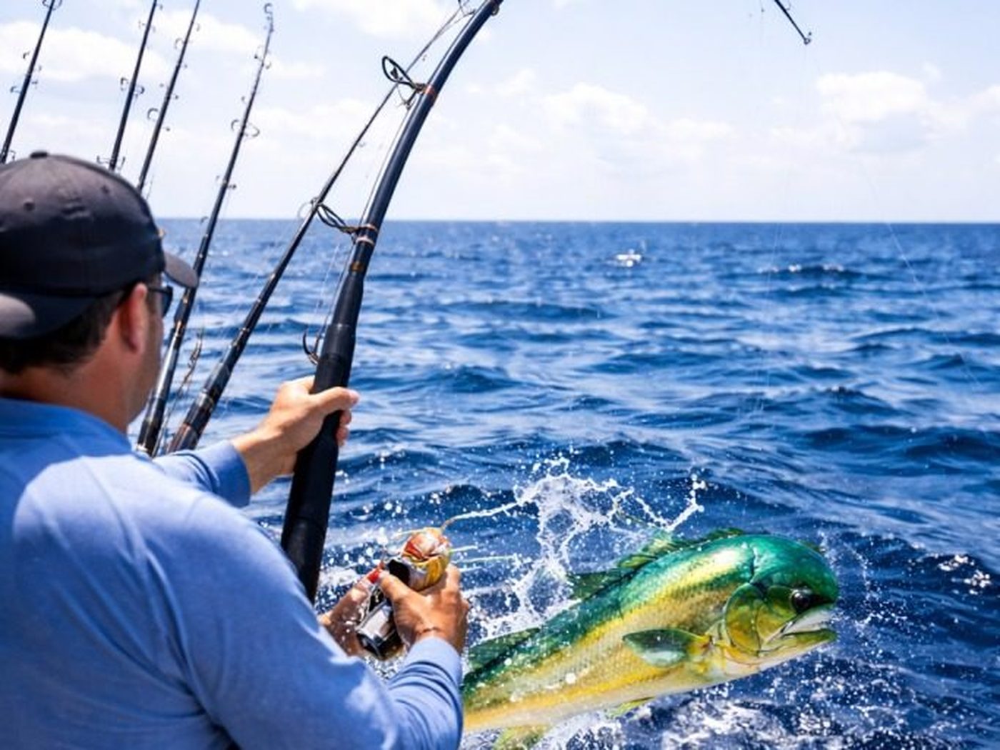 An angler fighting a dorado at the side of the boat, fish thrashing at the surface