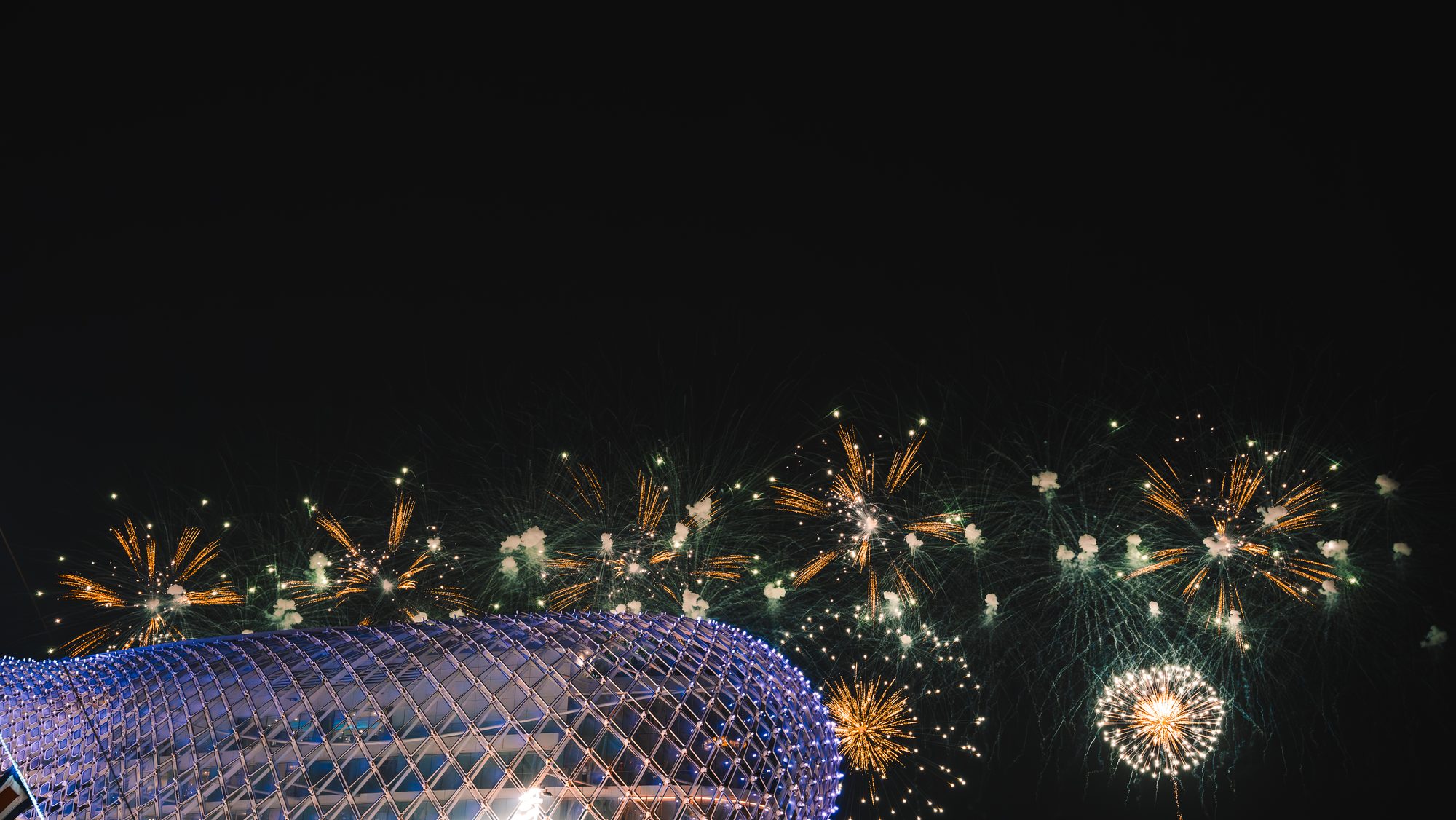 Fireworks over the W Hotel at Yas Marina after the race